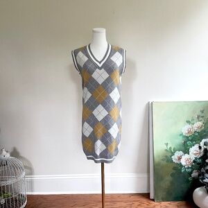 Sweater Knit Vest Dress Argyle V Neck Womens S Academia Preppy Y2K Schoolgirl